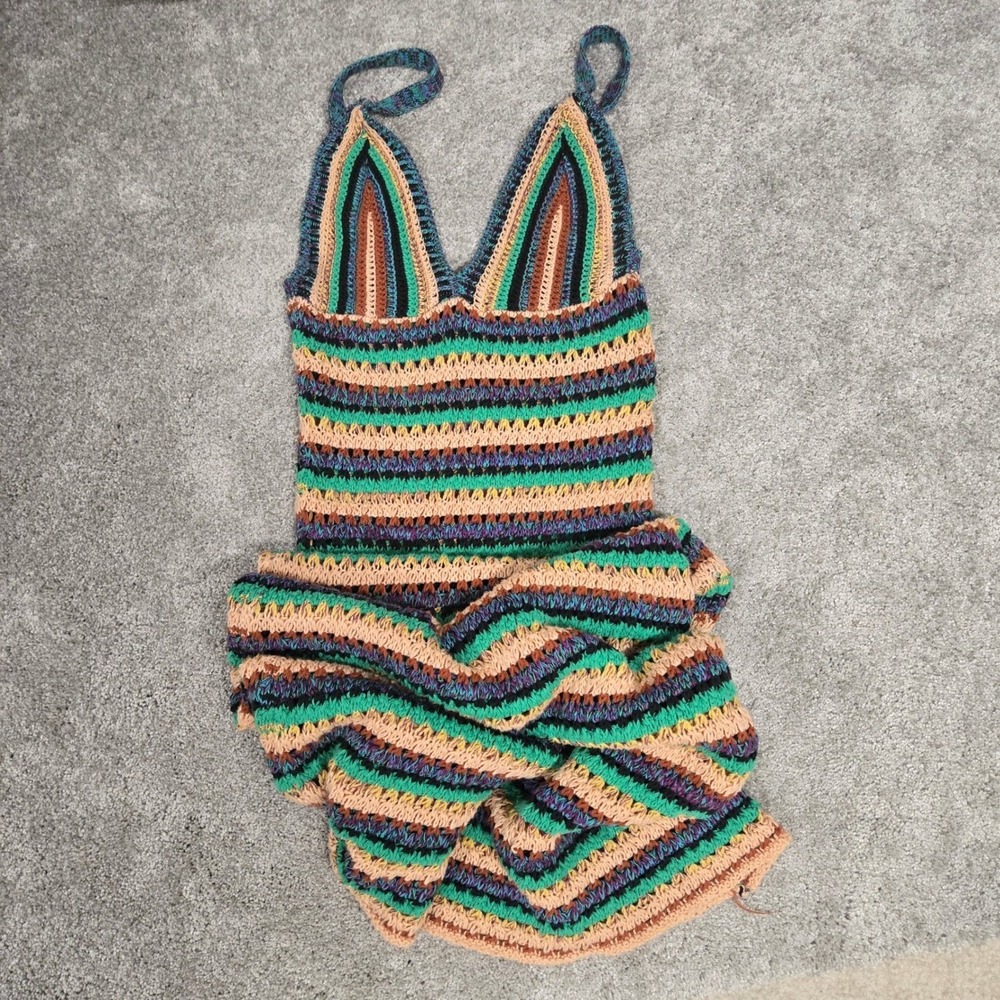 Zara Multi Color Striped Crochet Knit V-Neck Maxi Dress Boho Summer Beach Size S - Picture 8 of 10